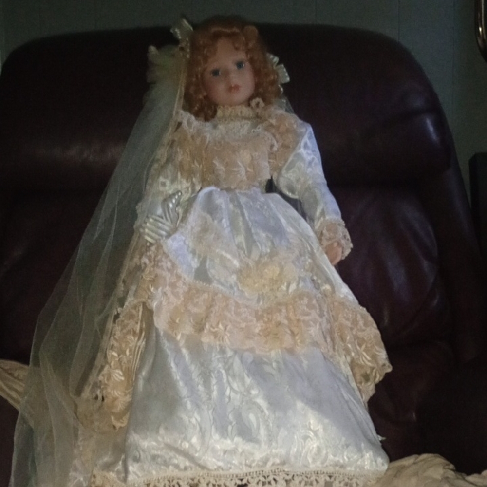 Vintage Bride Doll with Lace Dress